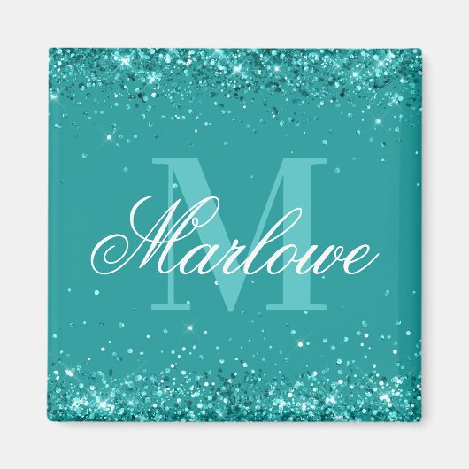 Eleganter Aquamariner Glitzer Blue Green Monogram Magnet (Vorne)