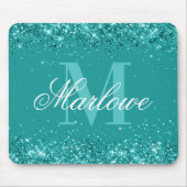 Eleganter Aquamariner Glitzer Blue Green Monogram Mousepad (Vorne)