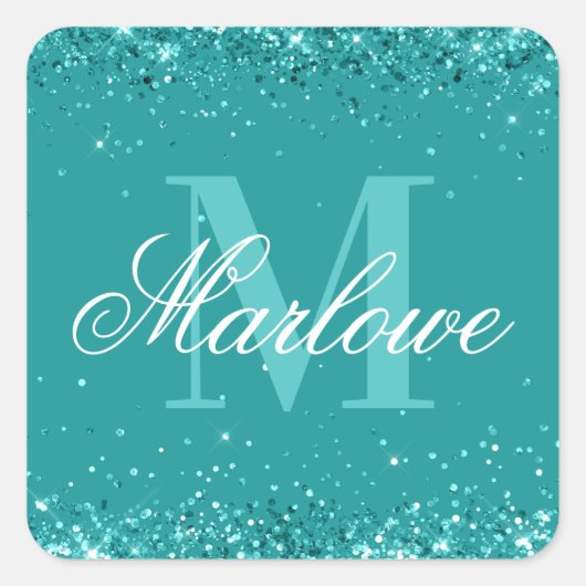 Eleganter Aquamariner Glitzer Blue Green Monogram Quadratischer Aufkleber (Vorderseite)