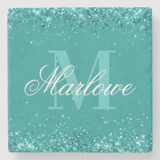 Eleganter Aquamariner Glitzer Blue Green Monogram Steinuntersetzer (Vorderseite)