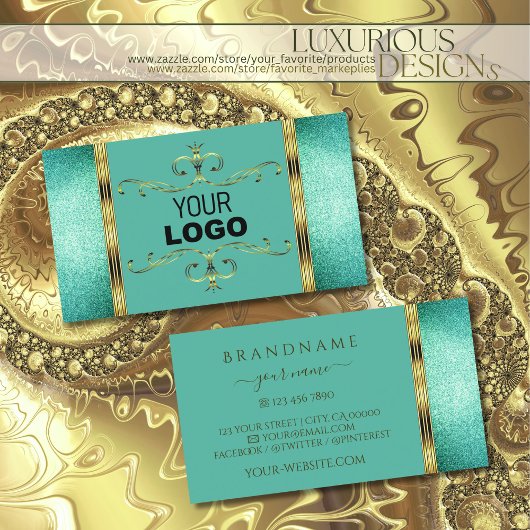 Eleganter Aquamariner Glitzer Gold Border Verziert Visitenkarte