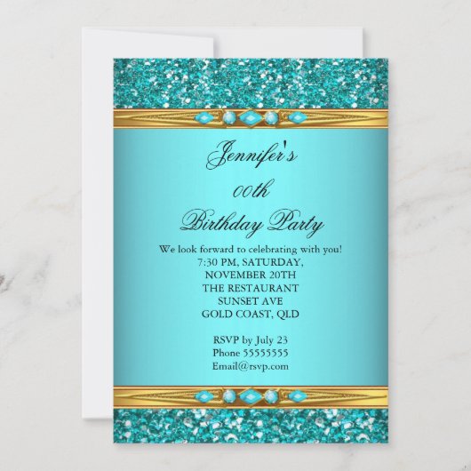 Eleganter Aquamariner Glitzer Gold Diamond Geburts Einladung (Vorderseite)