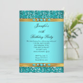 Eleganter Aquamariner Glitzer Gold Diamond Geburts Einladung (Stehend Vorderseite)