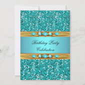 Eleganter Aquamariner Glitzer Gold Diamond Geburts Einladung (Rückseite)