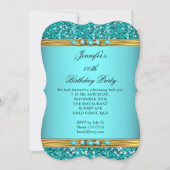 Eleganter Aquamariner Glitzer Gold Diamond Geburts Einladung (Vorderseite)