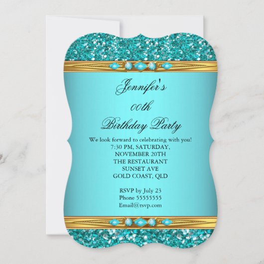 Eleganter Aquamariner Glitzer Gold Diamond Geburts Einladung (Vorderseite)