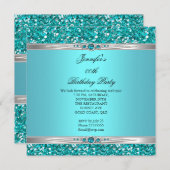 Eleganter Aquamariner Glitzer Silver Diamond Pearl Einladung (Vorne/Hinten)
