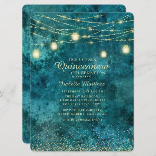 Eleganter Aquamariner Glitzer String Light Quinceñ Einladung (Vorne/Hinten)