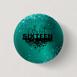 Eleganter Aquamariner Glitzer Sweet 16 Birthday Bu Button