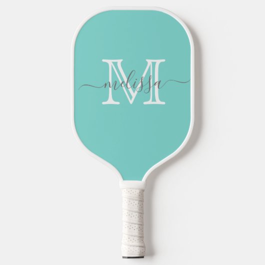 Eleganter Aquamariner Minimalname und Monogramm Pickleball Schläger (Vorderseite)
