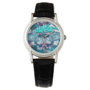 Eleganter Aquamariner Schmetterling Nah-up  Frauen Armbanduhr