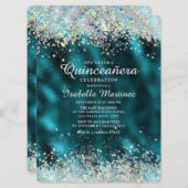 Eleganter Aquamariner Silberner Glitzer Quinceañer Einladung (Vorne/Hinten)