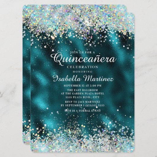 Eleganter Aquamariner Silberner Glitzer Quinceañer Einladung (Vorne/Hinten)