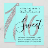 Eleganter Aquamariner Silver Sequin Glitzer Sweet  Einladung (Vorne/Hinten)