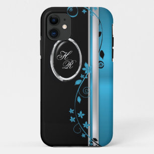Eleganter aquamariner u. schwarzer Blumenmonogramm Case-Mate iPhone Hülle