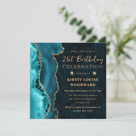 Eleganter Aquamariner und Gold Glitzer Agate 21. G Einladung (Stehend Vorderseite)