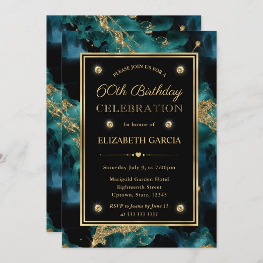 Eleganter Aquamariner und Gold Glitzer Tinte 60. G Einladung (Vorne/Hinten)