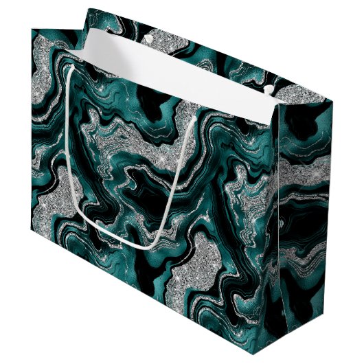 Eleganter Aquamariner und silberner Glitzer Agate Große Geschenktüte (Vorderseite Schrägansicht)