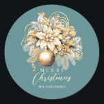 Eleganter aquamariner Weihnachtsbouquet in Gold Runder Aufkleber<br><div class="desc">Elegantes,  klassisches,  luxuriöses Gold und Grün (Minze,  leicht aquamarin) Weihnachtsdesign mit goldenen Weihnachtsbaumelementen und goldenen Blumenelementen.</div>