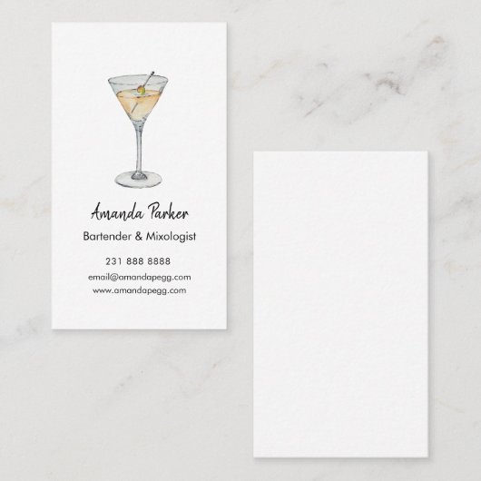 Eleganter Aquarell Martini-Barkeeper, Mixologe Visitenkarte (Vorne/Hinten)