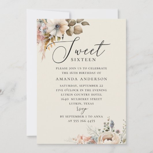 Eleganter Aquarellbro floral süß 16 Geburtstag Einladung (Vorderseite)