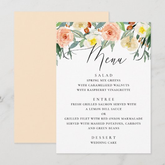 Eleganter Aquarellgarten Hochzeit Menükarte (Vorne/Hinten)