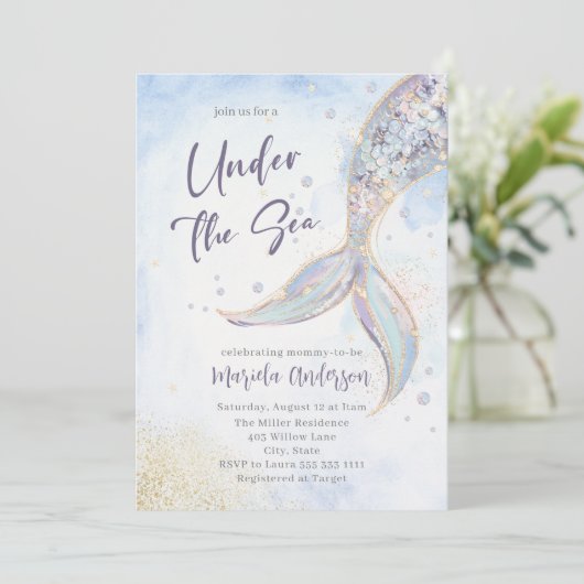 Eleganter Aquarellmaid-Schwanz unter dem Sea Baby Einladung (Stehend Vorderseite)