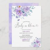 Eleganter Aquarellmond mit violetten Blumen Baby i Einladung (Vorne/Hinten)