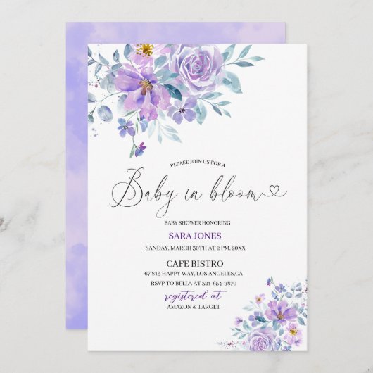 Eleganter Aquarellmond mit violetten Blumen Baby i Einladung (Vorne/Hinten)
