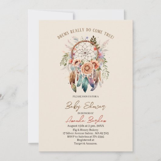 Eleganter Aquarelltraumfänger und Blume Einladung (Vorderseite)