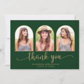 Eleganter Arch Forest Green Gold 3 Foto Abschluss Dankeskarte (Vorderseite)
