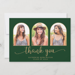 Eleganter Arch Forest Green Gold 3 Foto Abschluss Dankeskarte