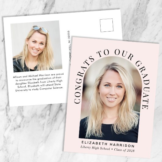 Eleganter Arch Foto Rosa Abschluss Ankündigungspostkarte