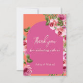 Eleganter Arch Frame Rosa und Orange Floral Weddin Dankeskarte (Vorderseite)