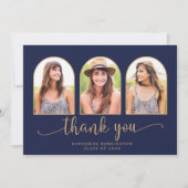 Eleganter Arch Navy Blue Gold 3 Foto Abschluss Dankeskarte (Vorderseite)