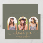 Eleganter Arch Sage Green Gold 3 Foto Abschluss Dankeskarte (Vorne/Hinten)
