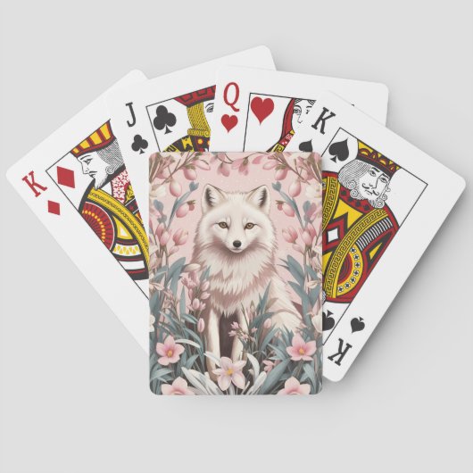 Eleganter Arktischer Fuchs Rosa Floral Spielkarten (Rückseite)