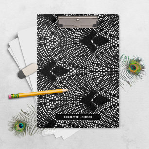 Eleganter Art Deco Anthrazit Retro-Pfau-Muster Klemmbrett