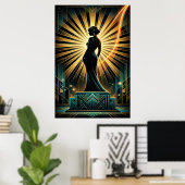 Eleganter Art Deco Frau Gold Silhouette Poster (Heimbüro)