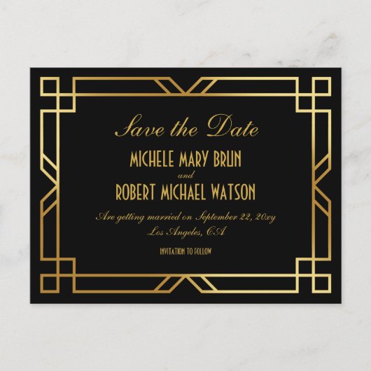 Eleganter Art Deco Schwarzer Rahmen Save the Date Postkarte (Vorderseite)