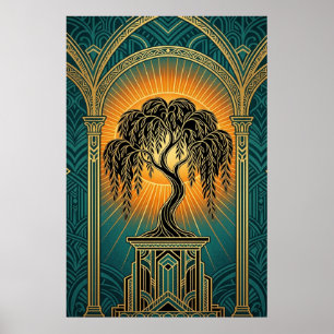 Eleganter Art Deco Trauerweide Gold- & Türkisplaka Poster