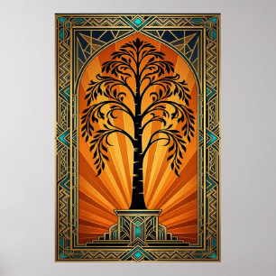 Eleganter Art Deco-Weidenbaum-Sonnenuntergang in G Poster