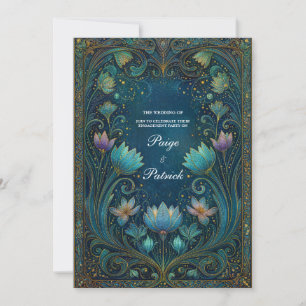Eleganter Art Nouveau Cyan Lotus Blumenhochzeit Einladung
