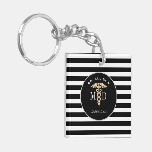 Eleganter Arzt Caduceus Black Personalisiert Schlüsselanhänger (Vorderseite links)