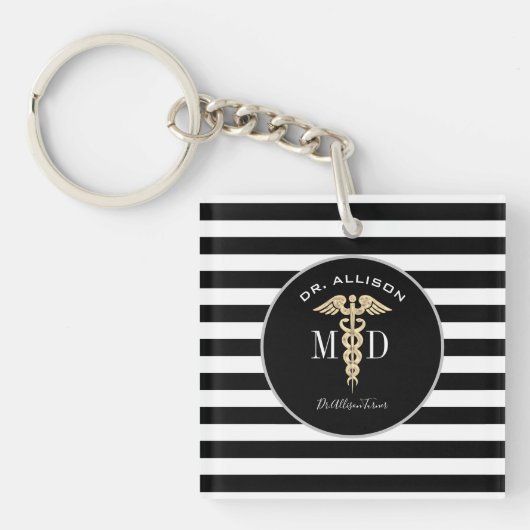 Eleganter Arzt Caduceus Black Personalisiert Schlüsselanhänger (Vorderseite)