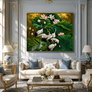 Eleganter asiatischer Lotus- und Kranich-Gold-Ölge Poster
