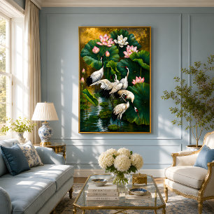 Eleganter asiatischer Lotus- und Kranich-Gold-Ölge Poster
