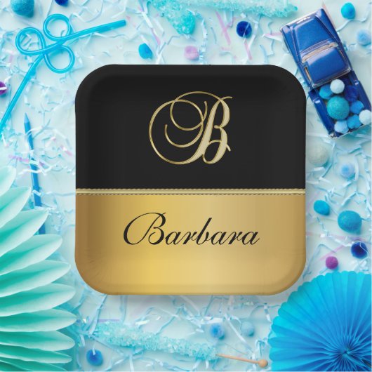 Eleganter "B" Monogramm Personalisierter Name Schw Pappteller (Party)