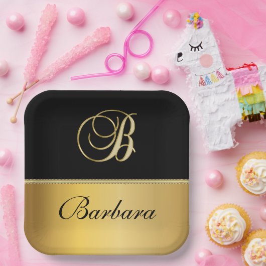 Eleganter "B" Monogramm Personalisierter Name Schw Pappteller (Party)