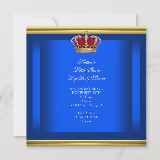 Eleganter Baby Shower Boy Blue Little Prince Crown Einladung (Rückseite)